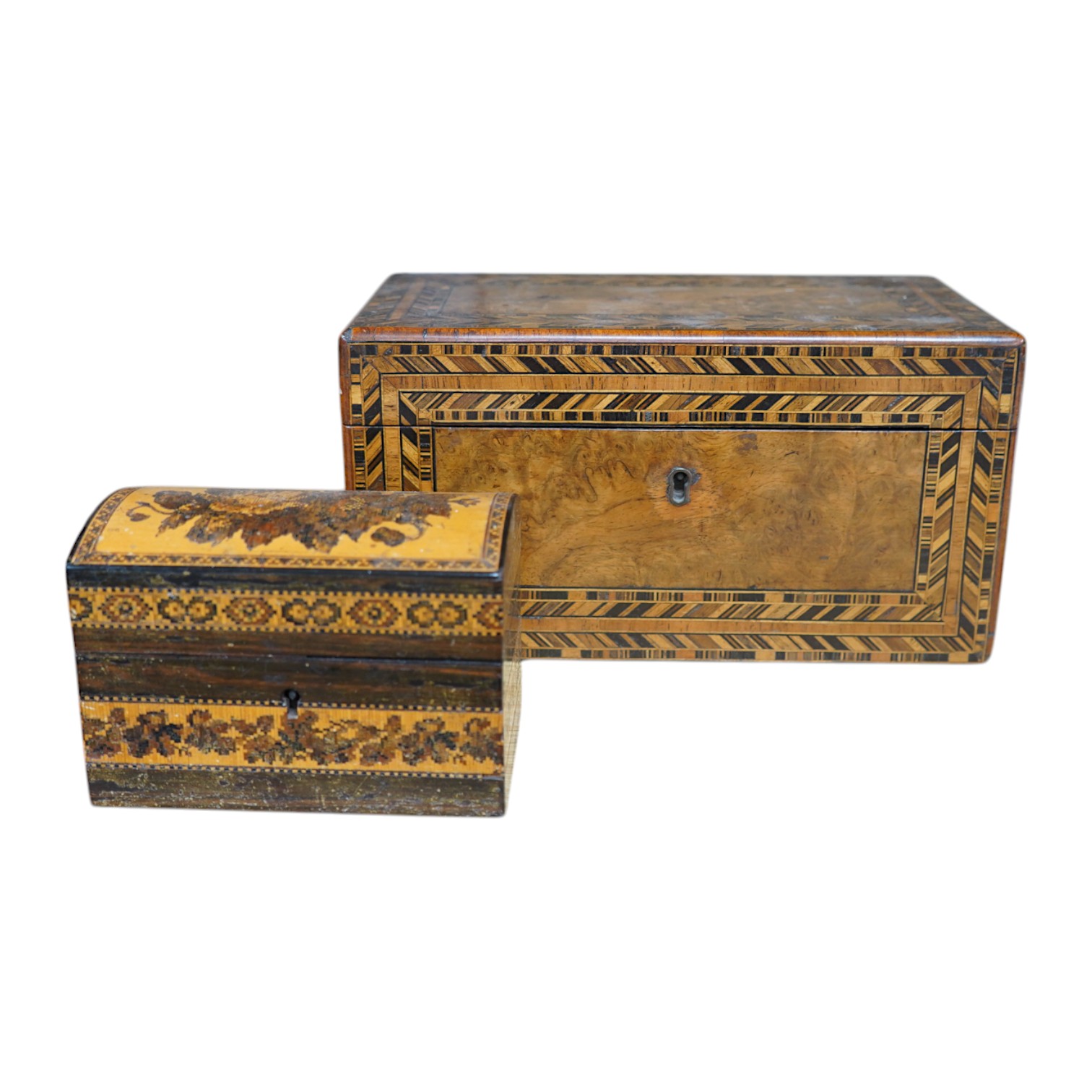 A Victorian Tunbridgeware dome-topped scent casket and a Tunbridgeware tea caddy, 23cm wide. Condition - fair